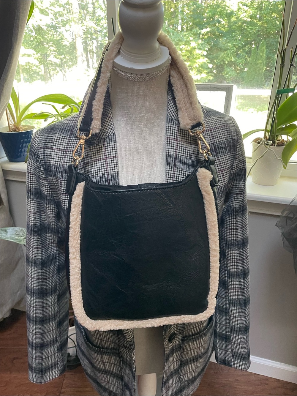 Black Shoulder Bag with Cream Shearling Trim